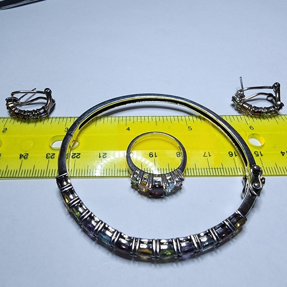 925 Sterling Silver Multi Color Gemstones Ring Bracelet and earrings set - Picture 6 of 13